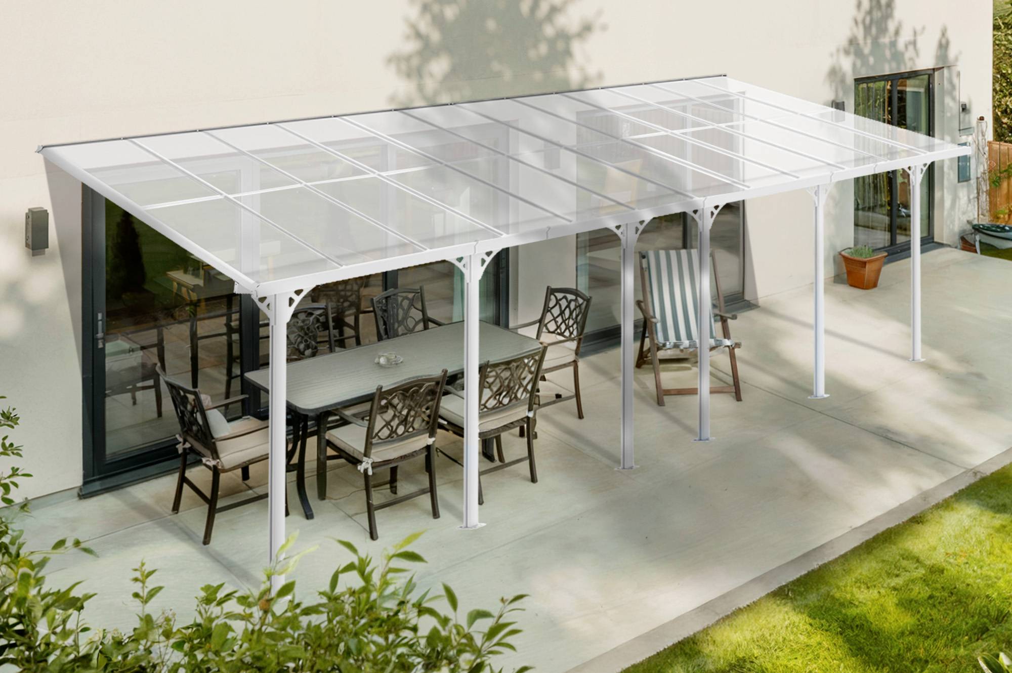 CAZEBOO - Cazeboo Pergola/Carport adossée 24 m² KLEO 8x3 m blanc - toit terrasse en aluminium et polycarbonate - Image 1
