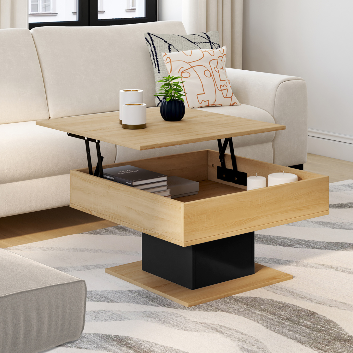 Table basse plateau relevable EDEN carrée bois et noir - Image 1