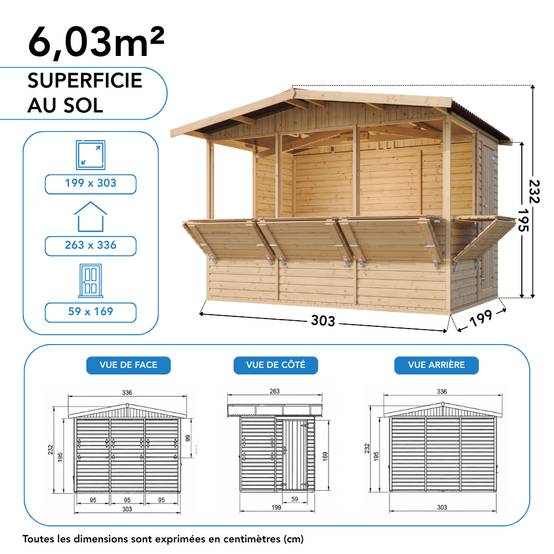 Timbela - Kiosque en bois - 6 m² - 263x336xH232cm - avec 5 fenêtres de vente - 17 mm d’épaisseur - Timbela M150B - Image 9