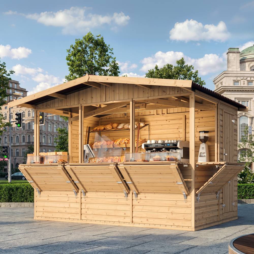 Timbela - Maison de jardin en boisH232x336x263 cm / 6 m² - Étal de marché en bois avec comptoir - 17 mm d’épaisseur - Timbela M150B