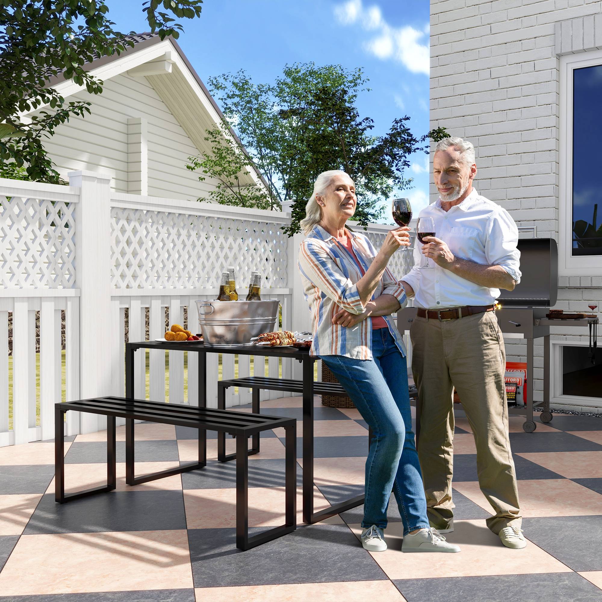 Ensemble de mobilier de jardin pour 4 personnes, 1 table et 2 bancs, métal, noir - Image 3