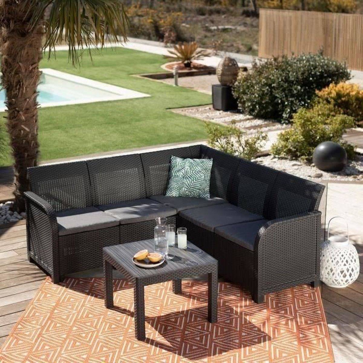 Salon d’angle de jardin 5 places gris graphite Sanremo - résine aspect rotin tressé - ALLIBERT by KETER - Image 2