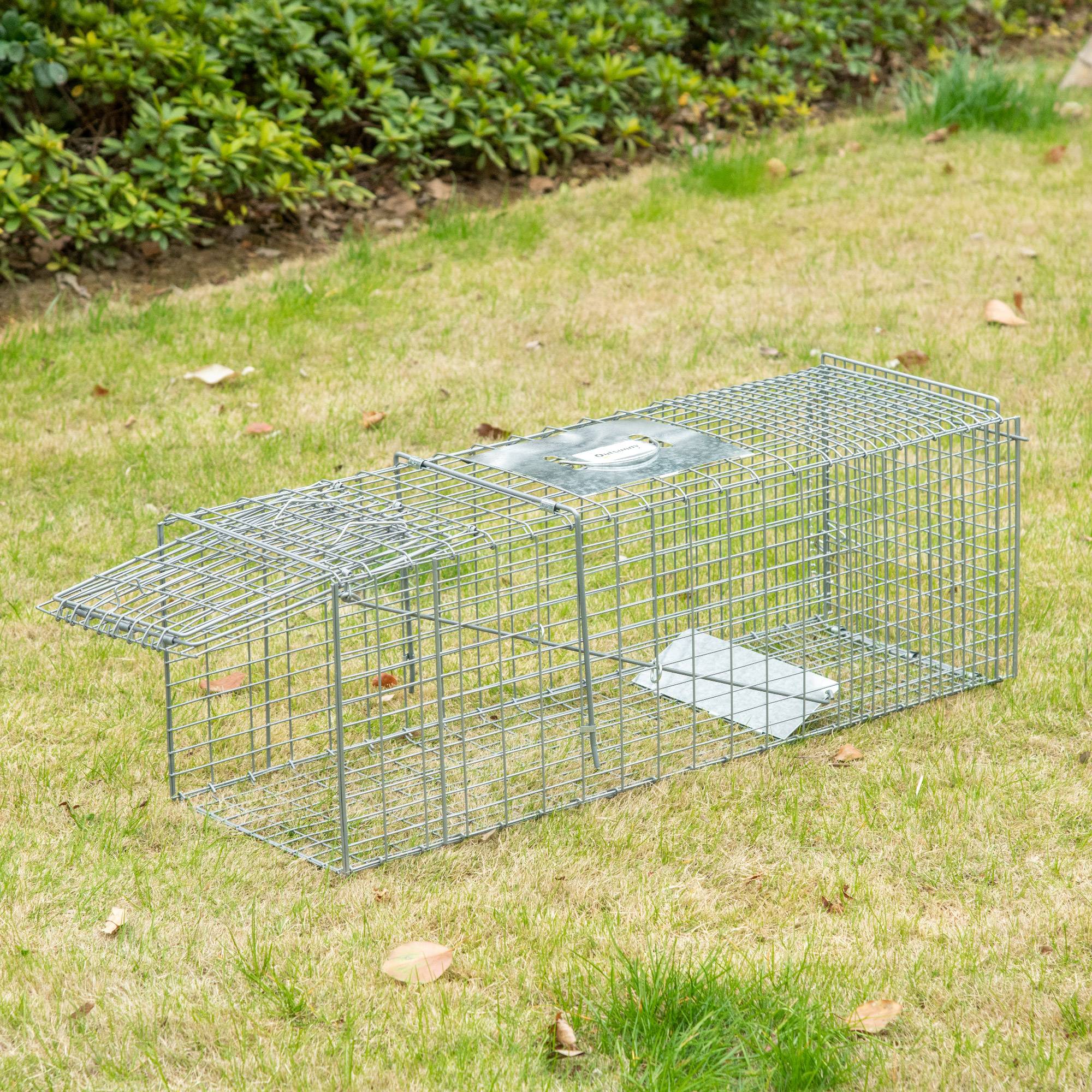 Cage de capture pliable pour animaux vivants, 93 x 31 x 34,5 cm, en fil de fer, avec porte et poignée, pour lapins, couleur argent. - Image 3