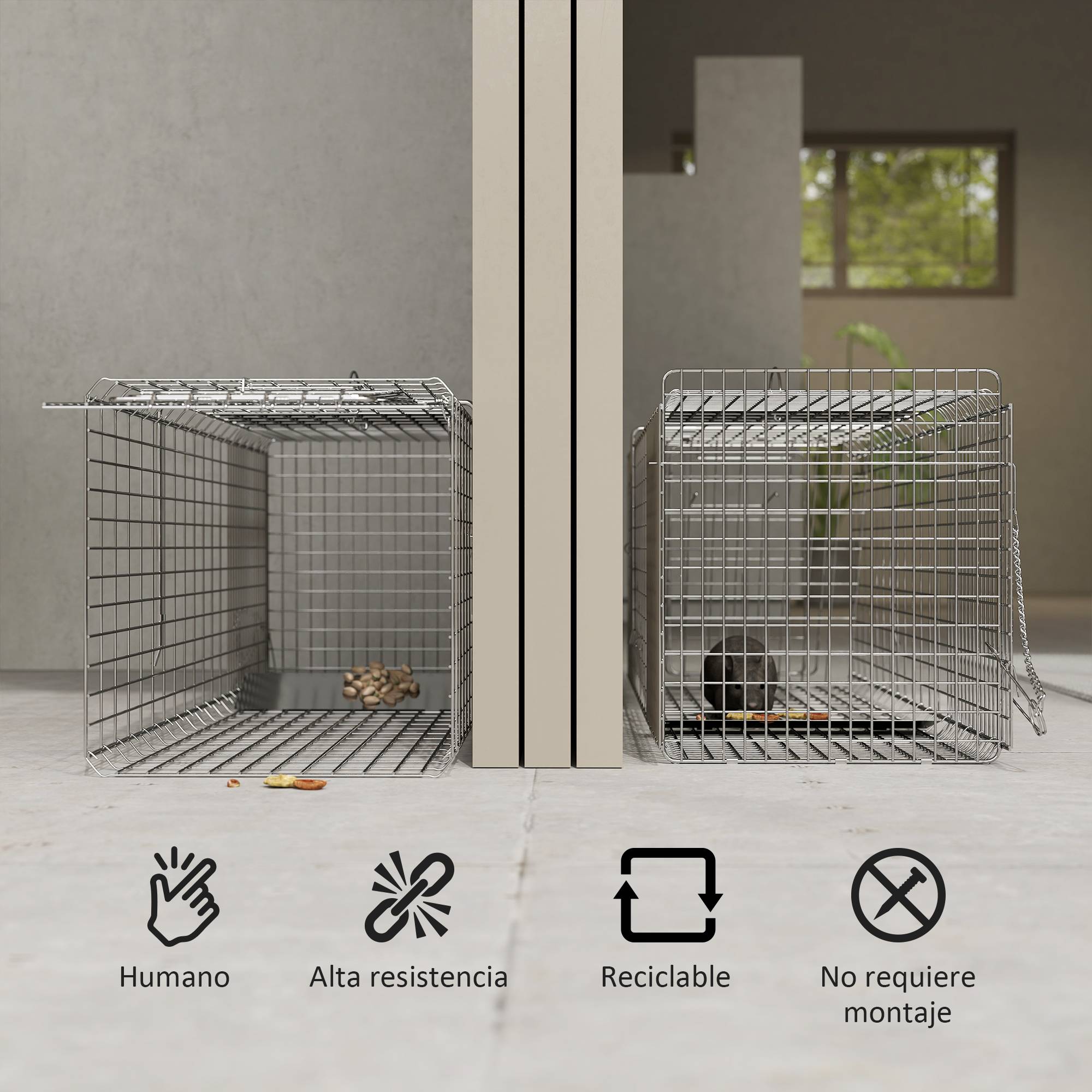 Cage de capture pliable pour animaux vivants, 93 x 31 x 34,5 cm, en fil de fer, avec porte et poignée, pour lapins, couleur argent. - Image 6