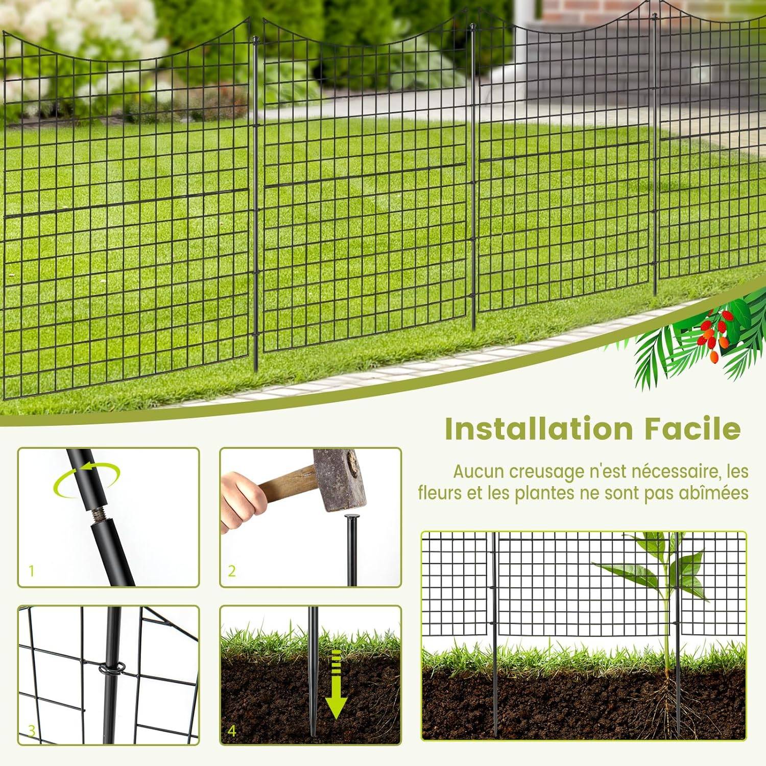 Costway - Clôtures de Jardin en Métal avec 5 panneaux et 5 piquets, Barrière Jardin Exterieur 87 x 98CM - Image 5