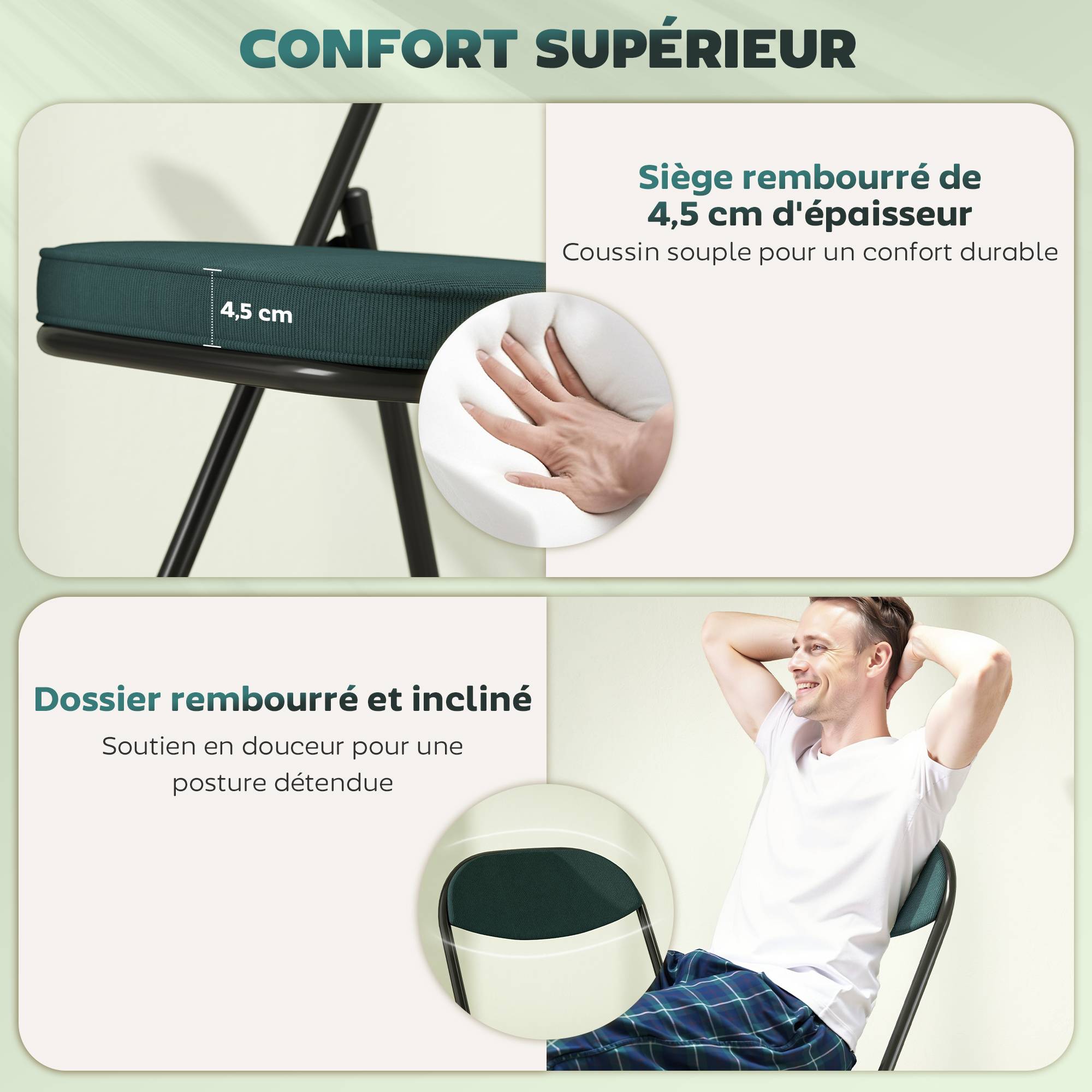 Lot de 4 chaises pliantes chaises de salle à manger portables avec assises et dossiers rembourrés en velours côtelé bleu - Image 6