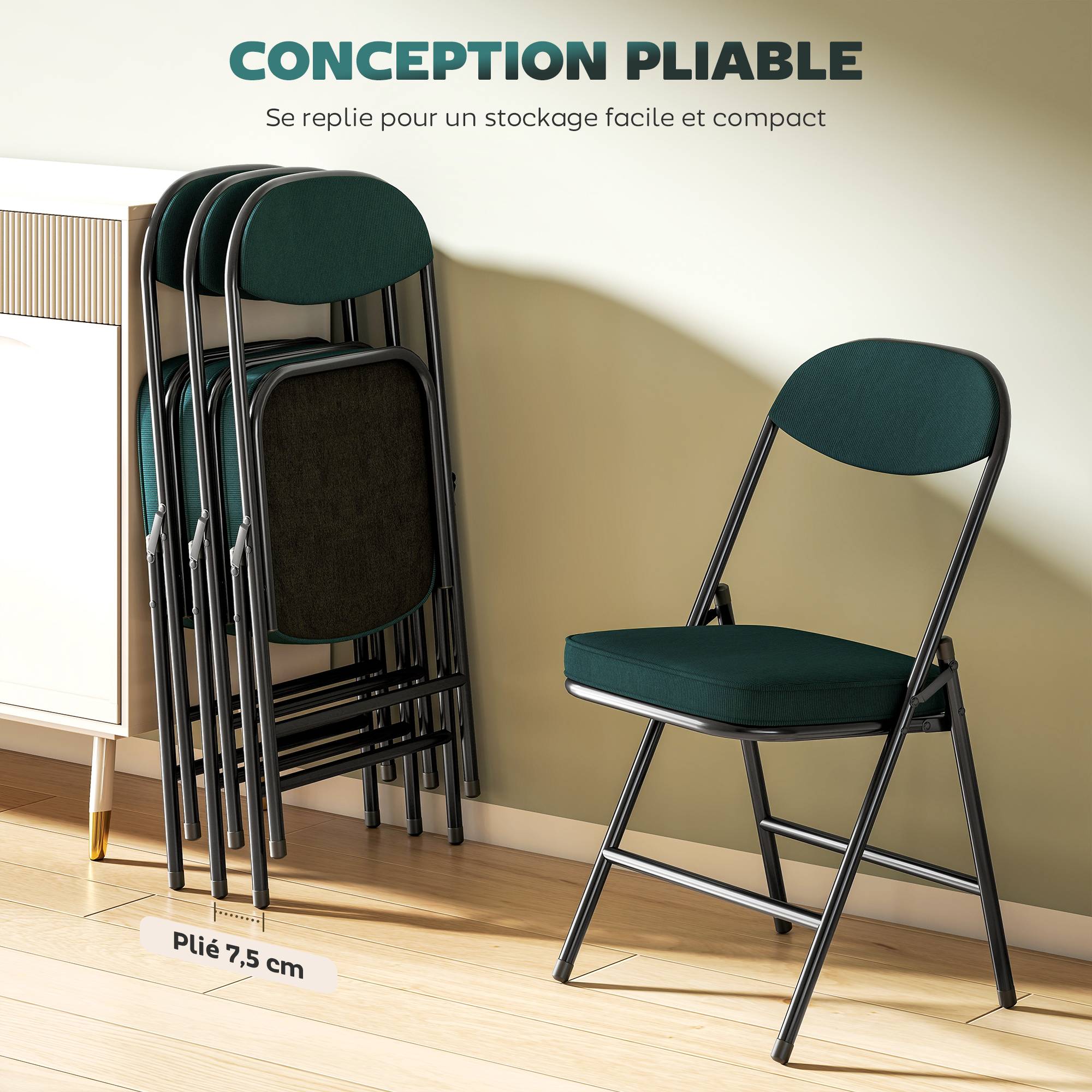 Lot de 4 chaises pliantes chaises de salle à manger portables avec assises et dossiers rembourrés en velours côtelé bleu - Image 7