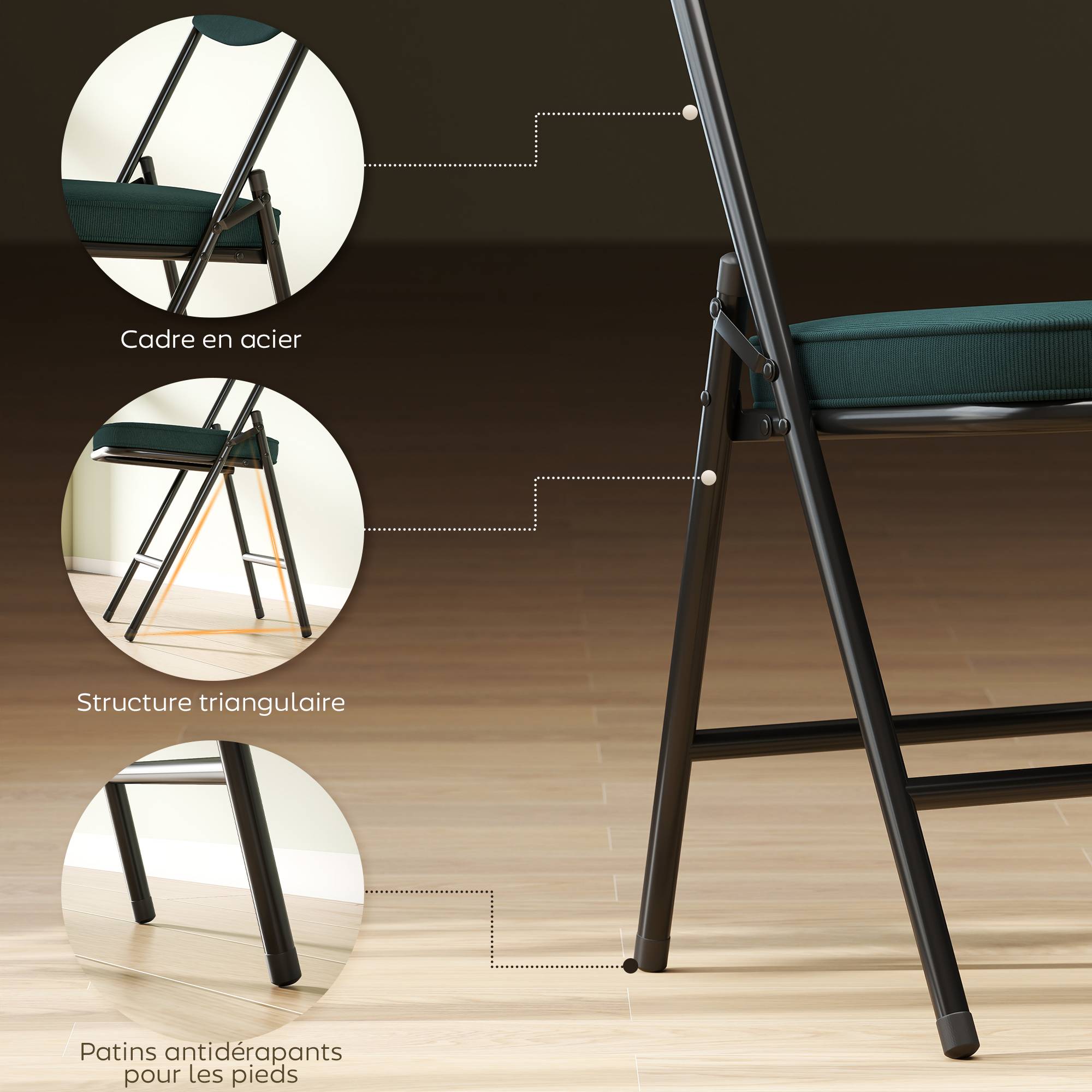 Lot de 4 chaises pliantes chaises de salle à manger portables avec assises et dossiers rembourrés en velours côtelé bleu - Image 8