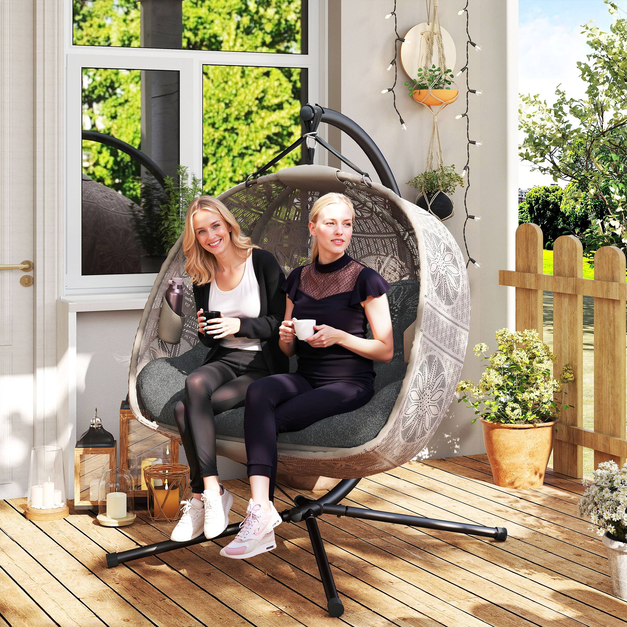 Fauteuil suspendu avec support, balancelle suspendue en forme d'œuf avec coussin amovible et lavable, hamac pour 2 personnes - Image 4