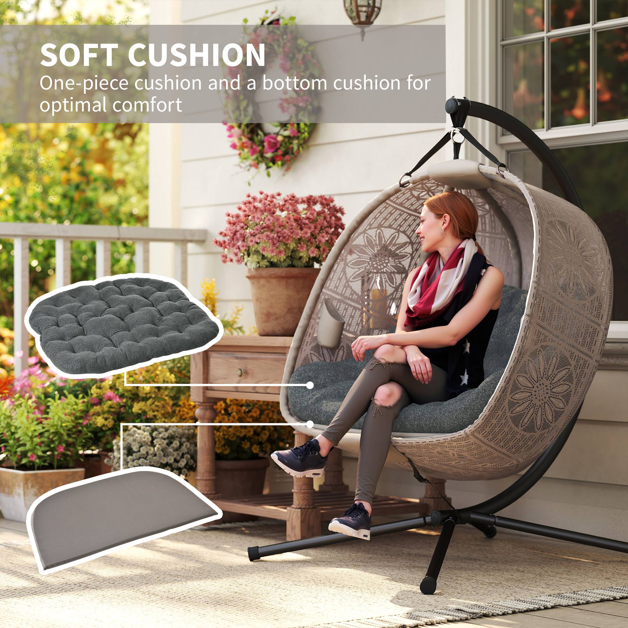 Fauteuil suspendu avec support, balancelle suspendue en forme d'œuf avec coussin amovible et lavable, hamac pour 2 personnes - Image 7