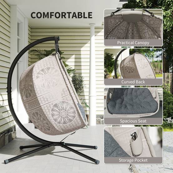 Fauteuil suspendu avec support, balancelle suspendue en forme d'œuf avec coussin amovible et lavable, hamac pour 2 personnes - Image 6