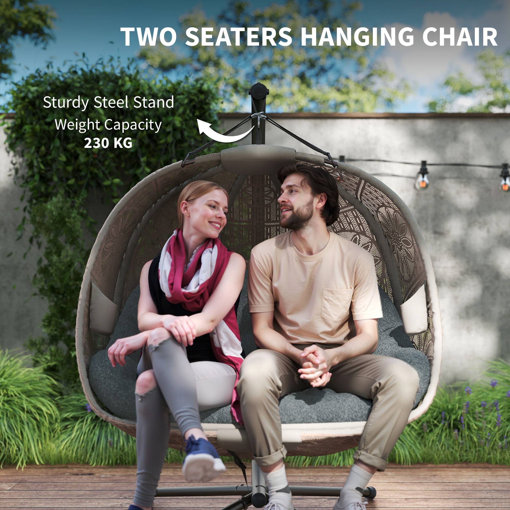 Fauteuil suspendu avec support, balancelle suspendue en forme d'œuf avec coussin amovible et lavable, hamac pour 2 personnes - Image 9