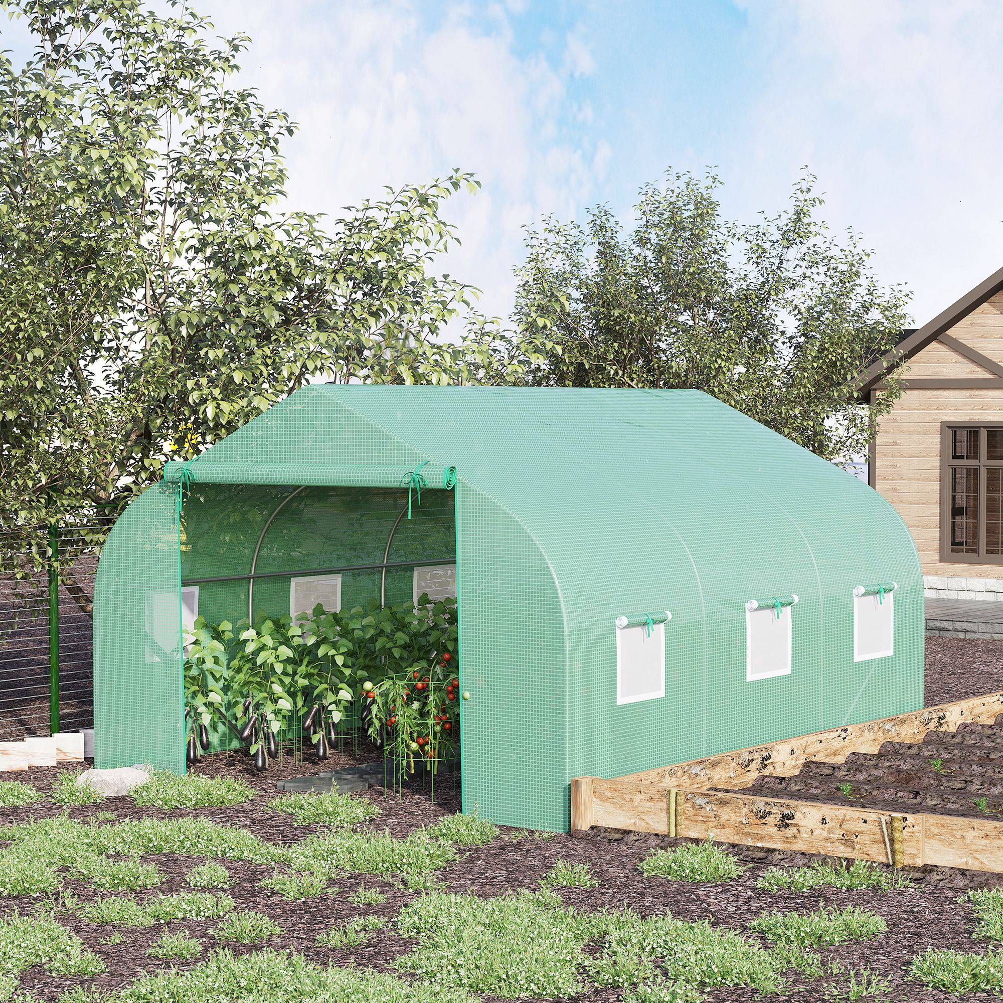 Sans Marque - Serre tunnel jardin 3,5x3x2 m toit incliné PE serre potagère ventilation 6 fenêtres porte enroulable culture légumes fleurs fruits serre verte jardin - Image 3