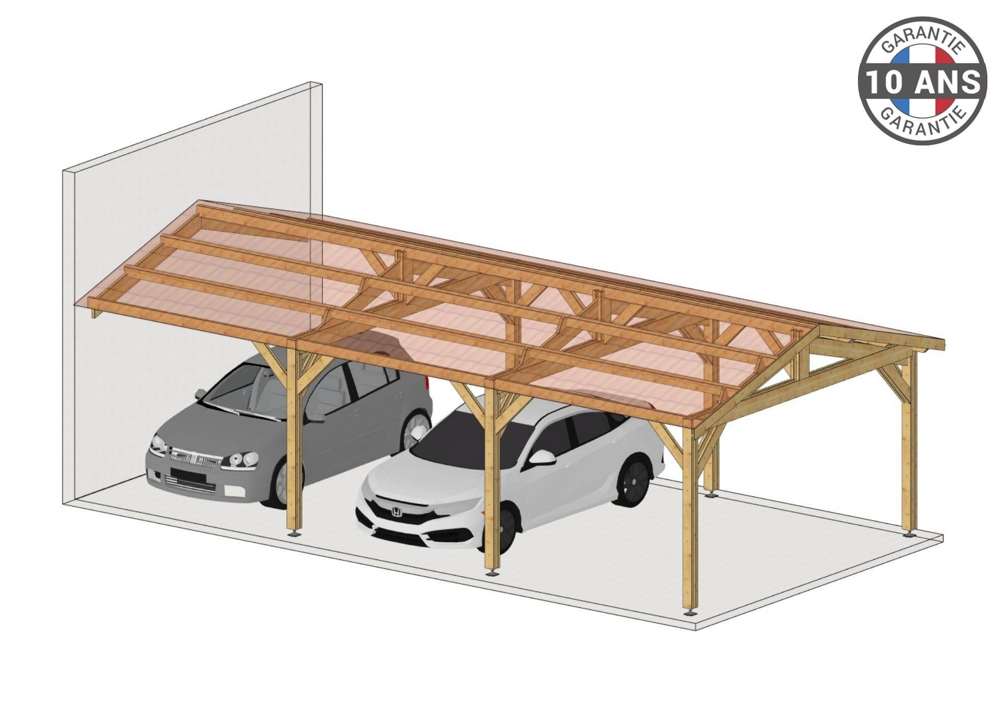 Cpbf Charpentes - Carport Bois Douglas Français 40 m² – 2 pentes adossé – 6 poteaux – Abri voiture extérieur – Garantie 10 ans - Image 2