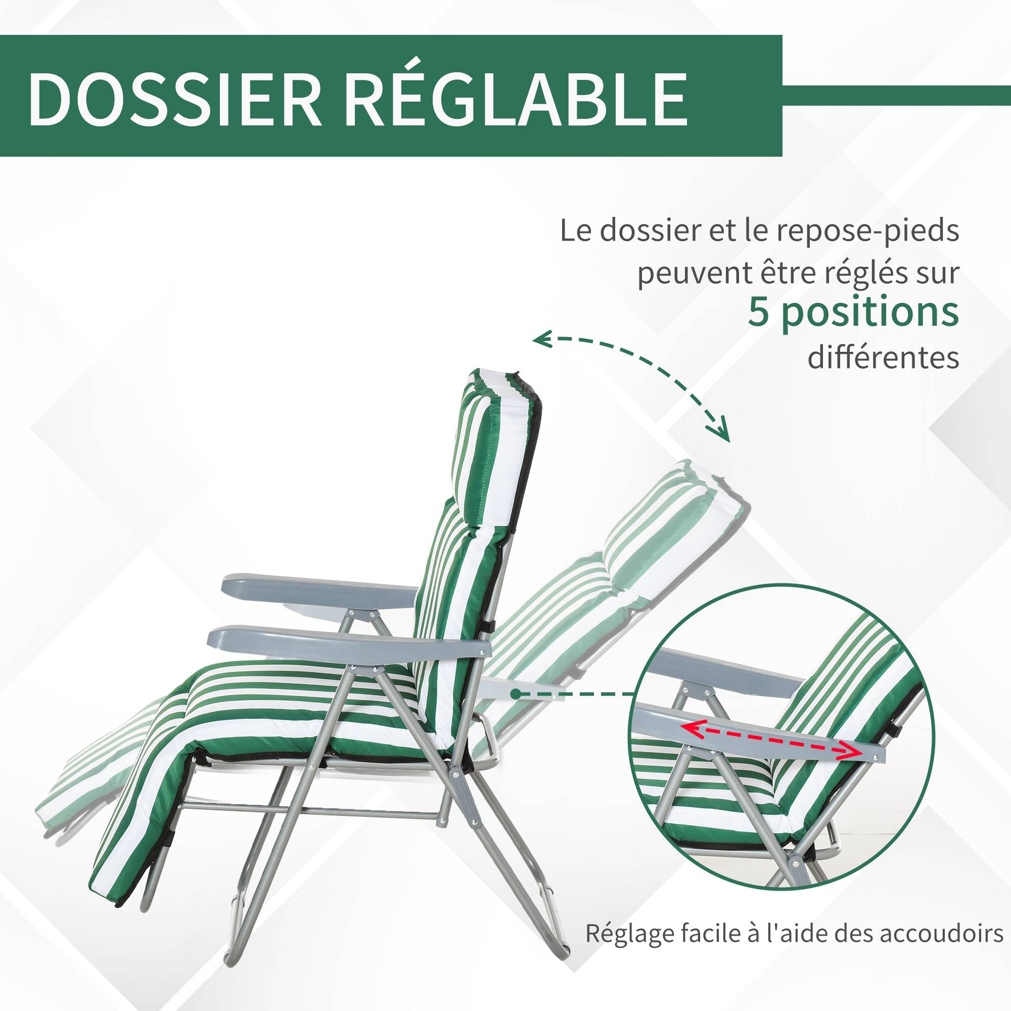 Outsunny - Chaise longue bain de soleil Lot 2 adjustable pliable transat lit de jardin acier vert blanc - Outsunny - Image 5