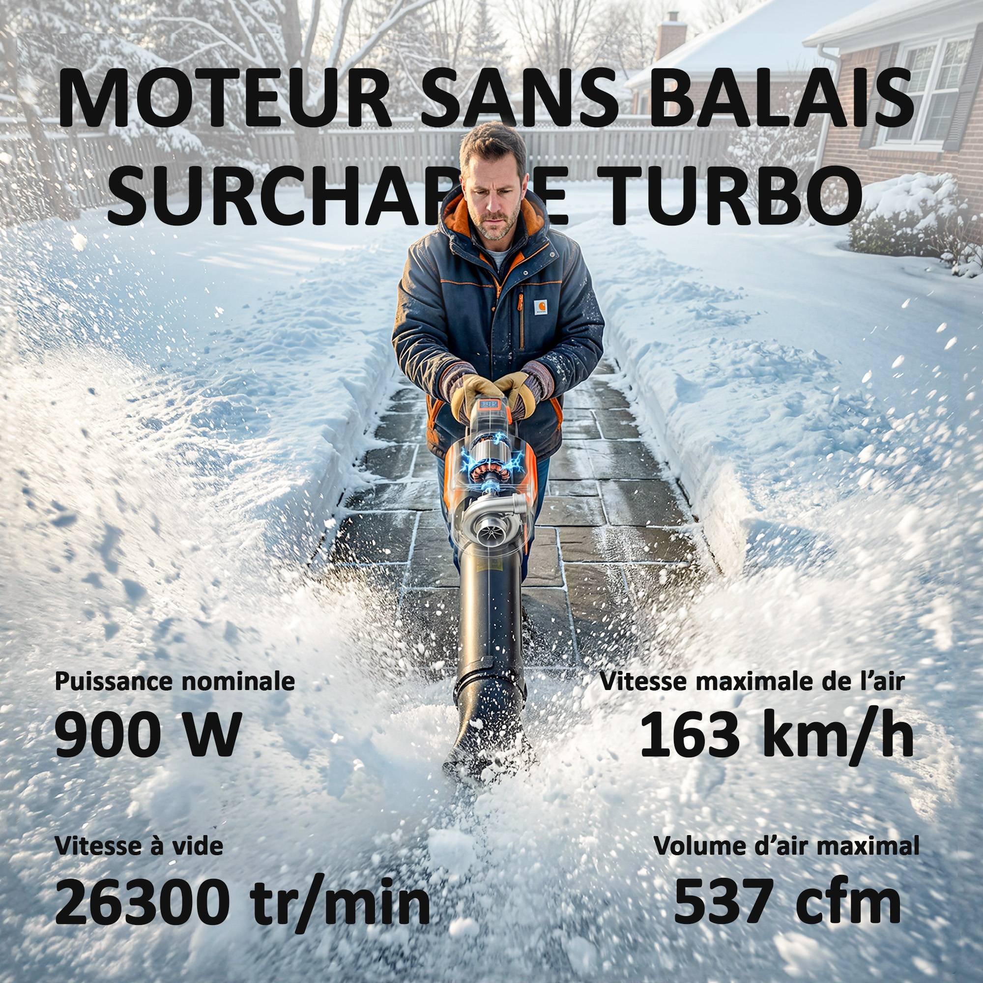 Souffleur de Feuilles sans Fil avec Moteur Brushless 900W Batterie 36v (2x4,0Ah) Puissant 15,2 m³/min Orange et Noir - Image 6