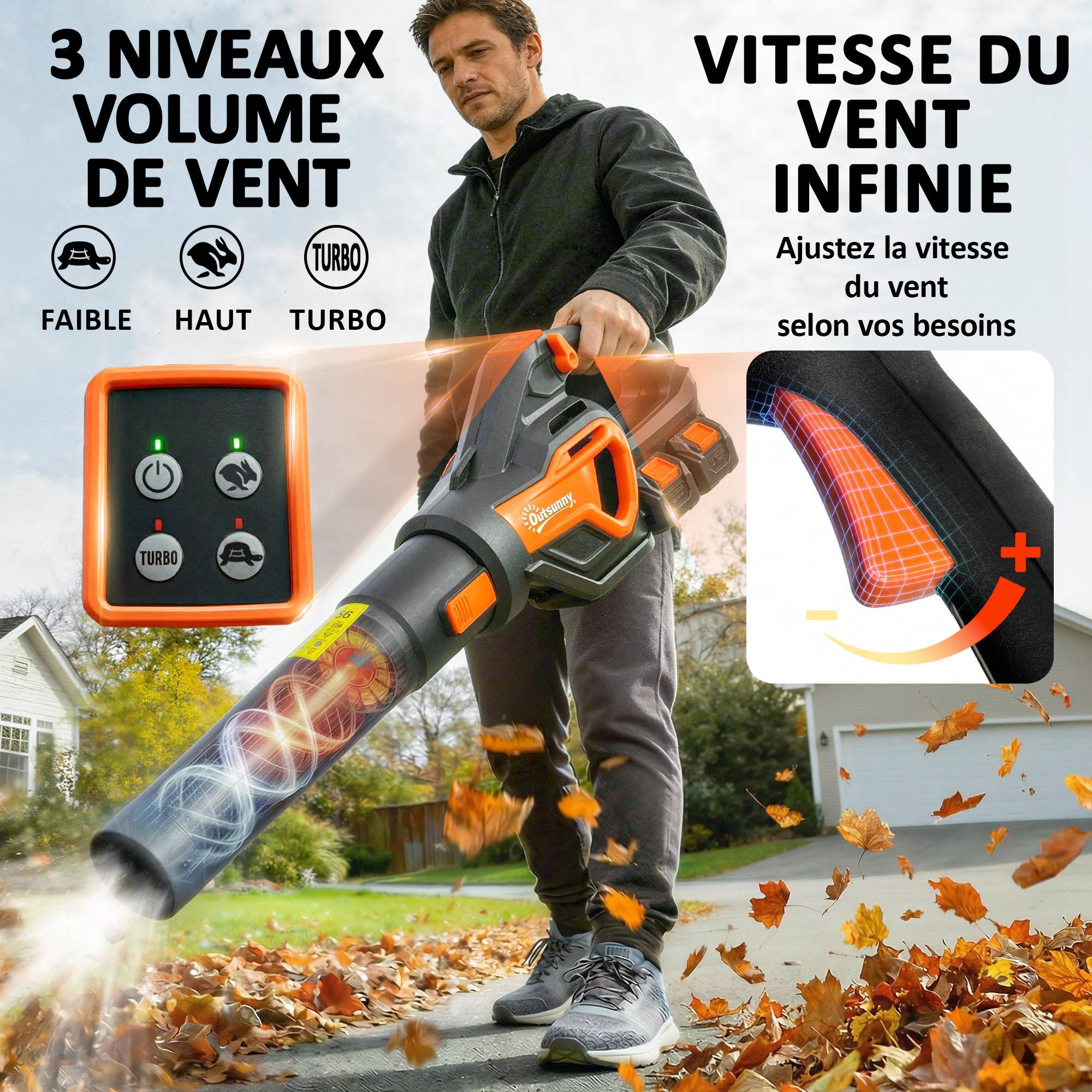 Souffleur de Feuilles sans Fil avec Moteur Brushless 900W Batterie 36v (2x4,0Ah) Puissant 15,2 m³/min Orange et Noir - Image 8
