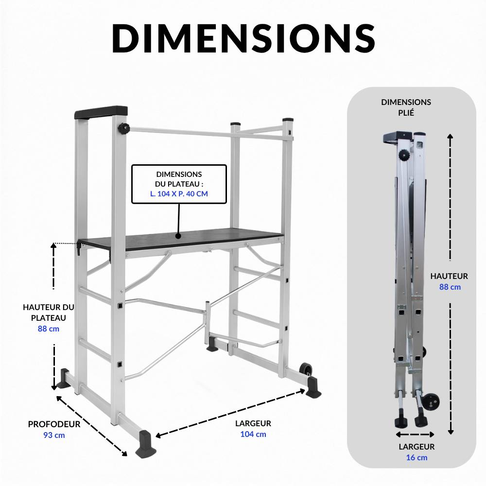 Echafaudage roulant pliable - Hauteur travail 3m - Plateforme en bois - EURO VANADIUM - Image 3