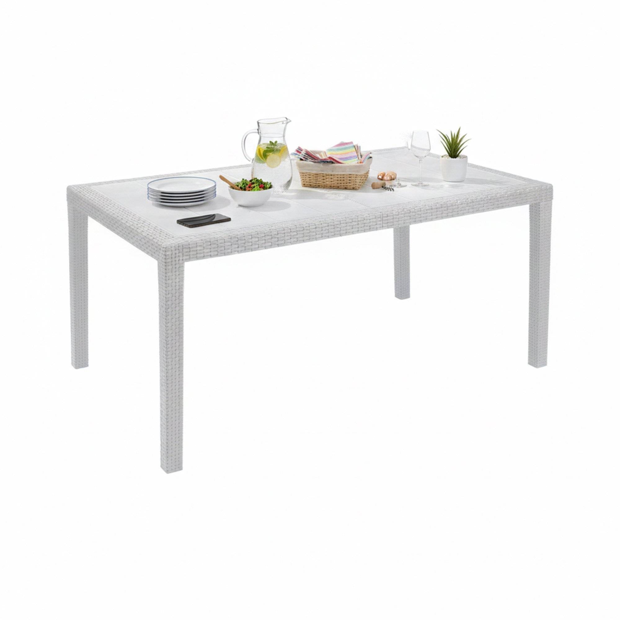 Dmora - Table d'extérieur Dfelic, Étagère rectangulaire fixe, Table de jardin polyvalente effet rotin, 100% Made in Italy, 138x78h72 cm, Blanc - Dmora - Image 1
