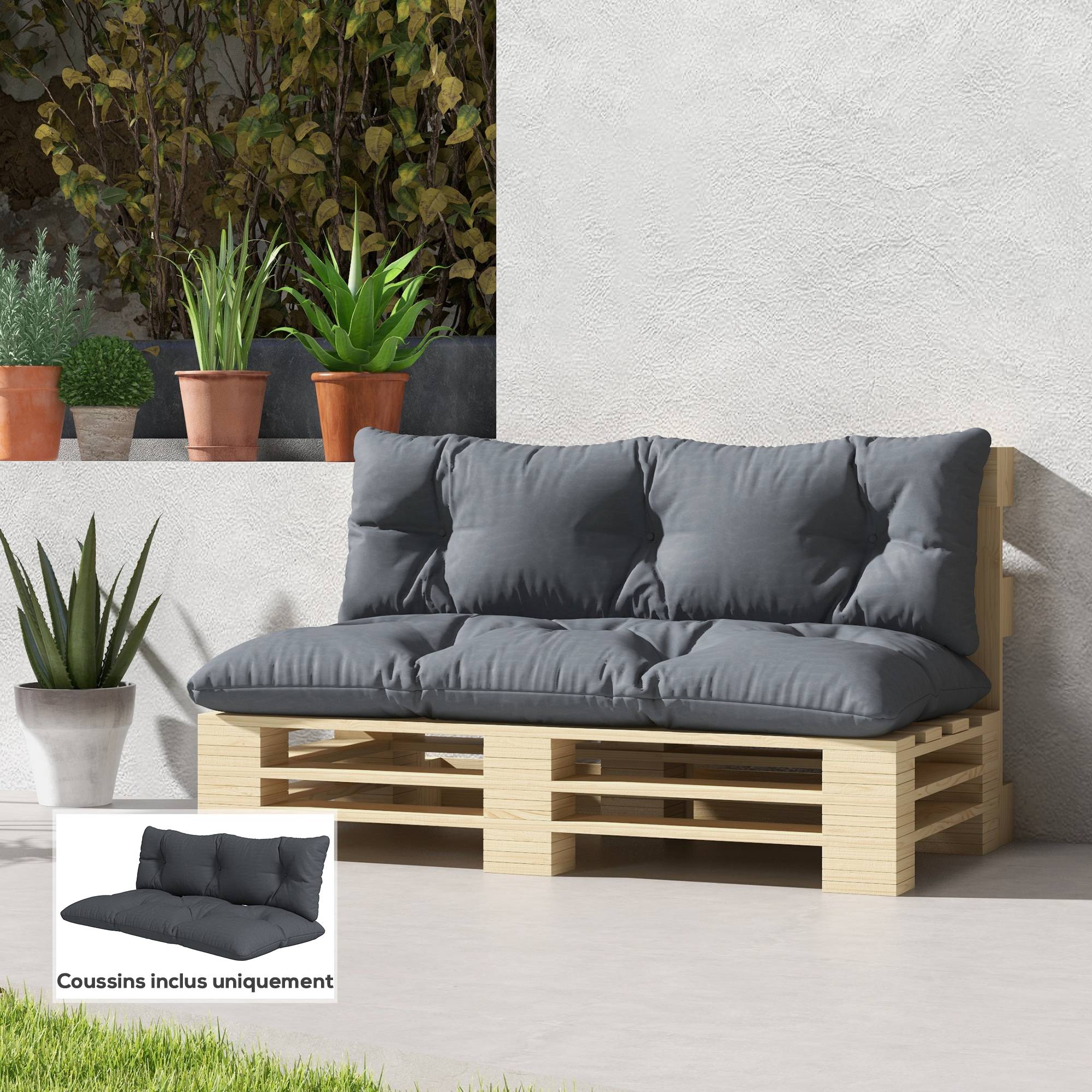 Ensemble de 2 coussins d'extérieur pour banquette 1 coussin d'assise et 1 coussins de dossier polyester hydrofuge gris - Image 4