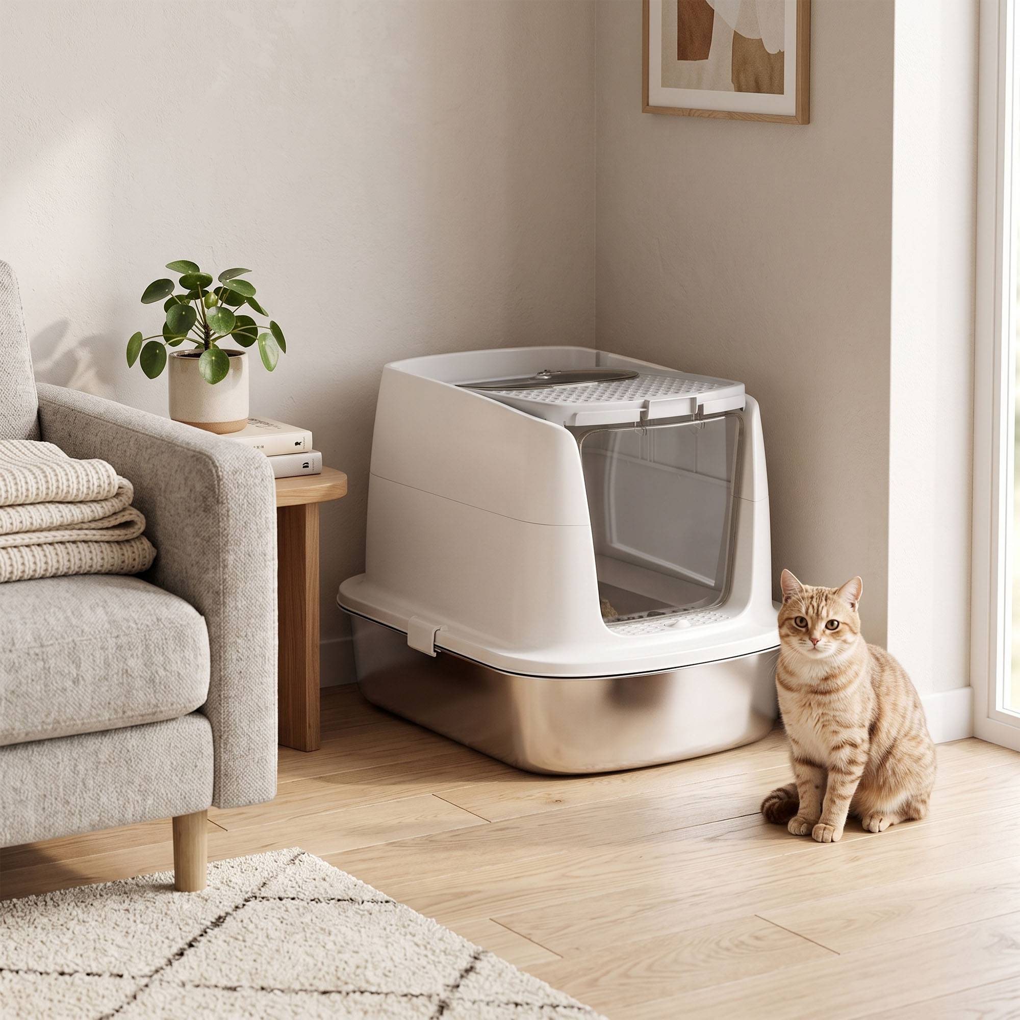 ComfortXL - Bac à litière fermé pour chat en inox et plastique blanc 52,4 x 41,3 x 39,8 cm sortie haute et couvercle amovible - Image 9