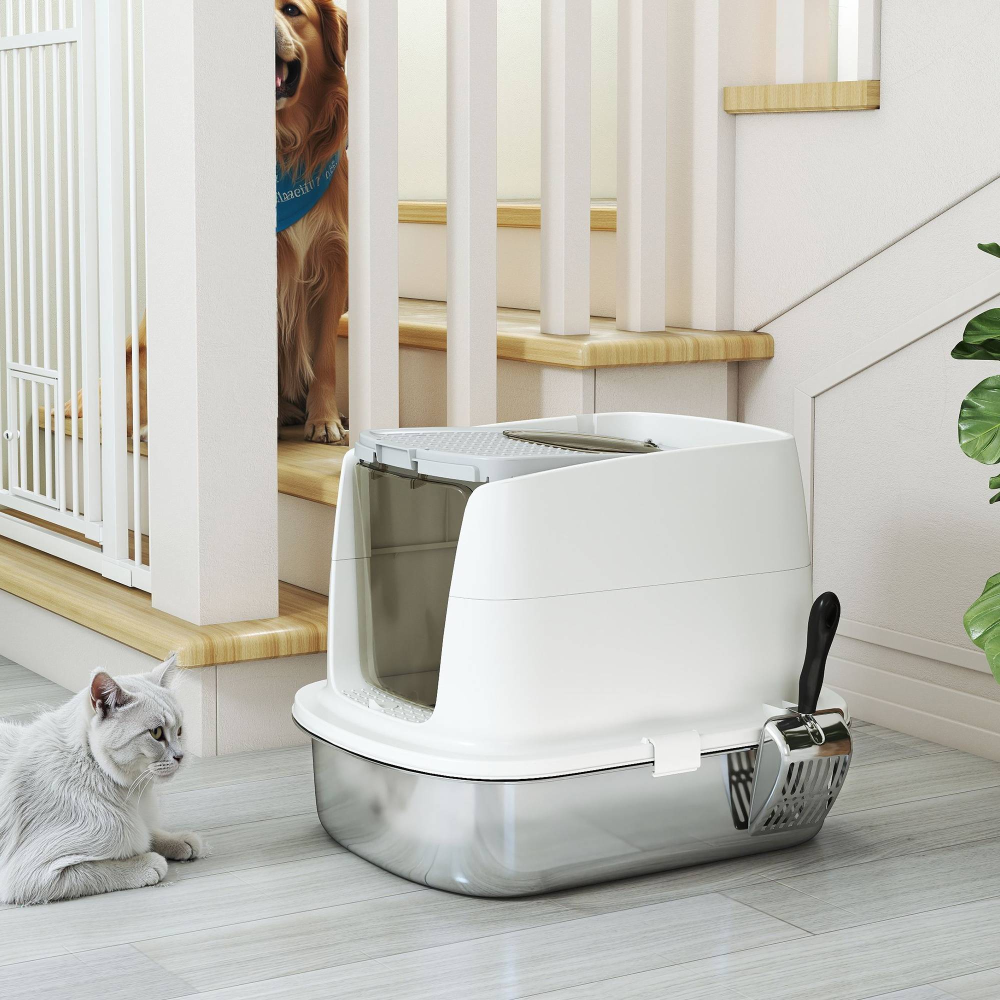 ComfortXL - Bac à litière fermé pour chat en inox et plastique blanc 52,4 x 41,3 x 39,8 cm sortie haute et couvercle amovible - Image 8