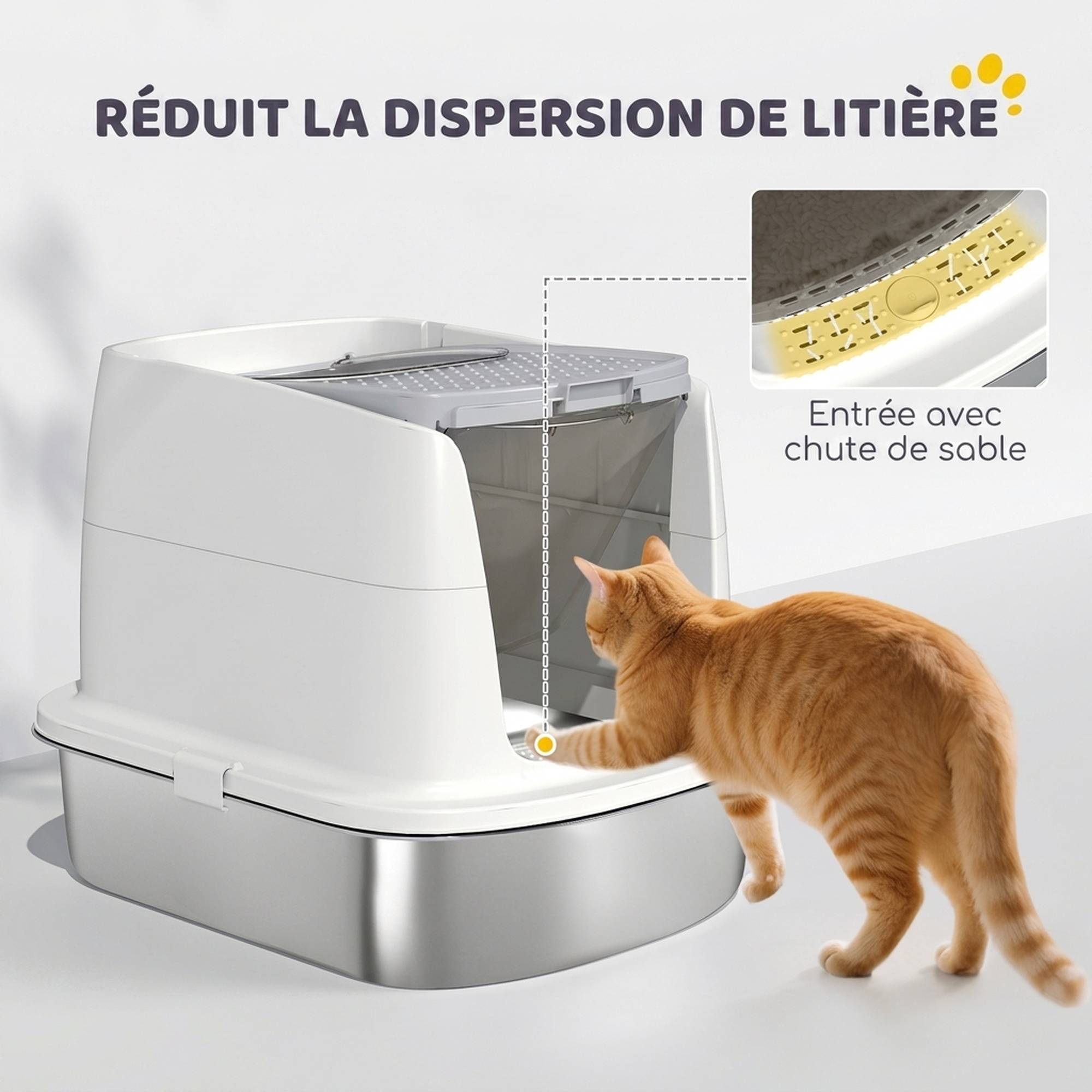ComfortXL - Bac à litière fermé pour chat en inox et plastique blanc 52,4 x 41,3 x 39,8 cm sortie haute et couvercle amovible - Image 6