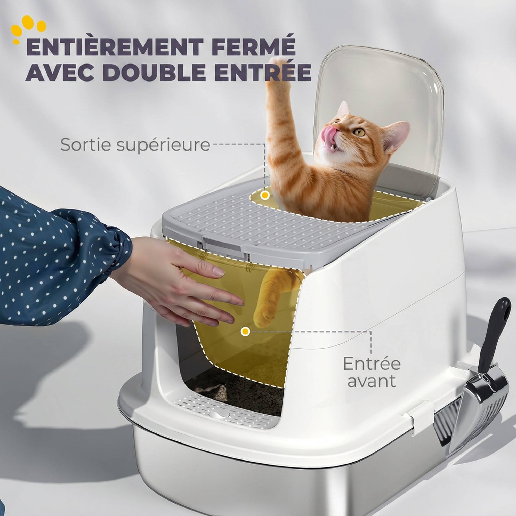 ComfortXL - Bac à litière fermé pour chat en inox et plastique blanc 52,4 x 41,3 x 39,8 cm sortie haute et couvercle amovible - Image 5