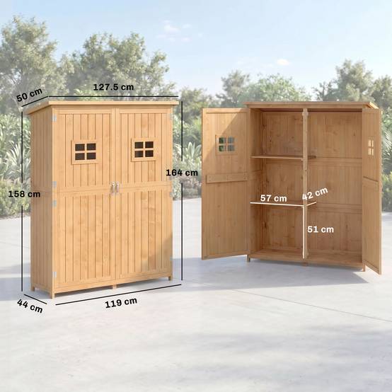Abri jardin bois double porte étagères fenêtres 127,5x50x164cm - Image 5