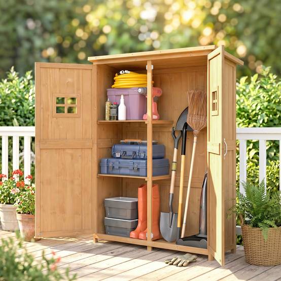 Abri jardin bois double porte étagères fenêtres 127,5x50x164cm - Image 3
