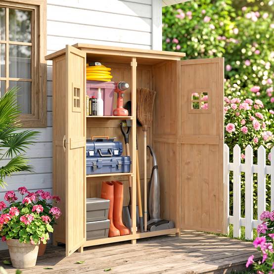 Abri jardin bois double porte étagères fenêtres 127,5x50x164cm - Image 4