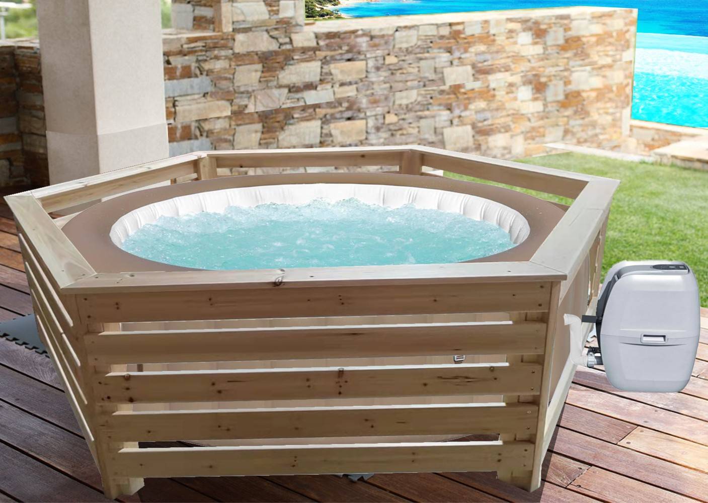 Habrita - Habillage bois hexagonal pour spas et piscines gonflables / largeur extérieure 2,77 m x largeur intérieure bord à bord 2,21 m x hauteur 0,71 m - Image 5