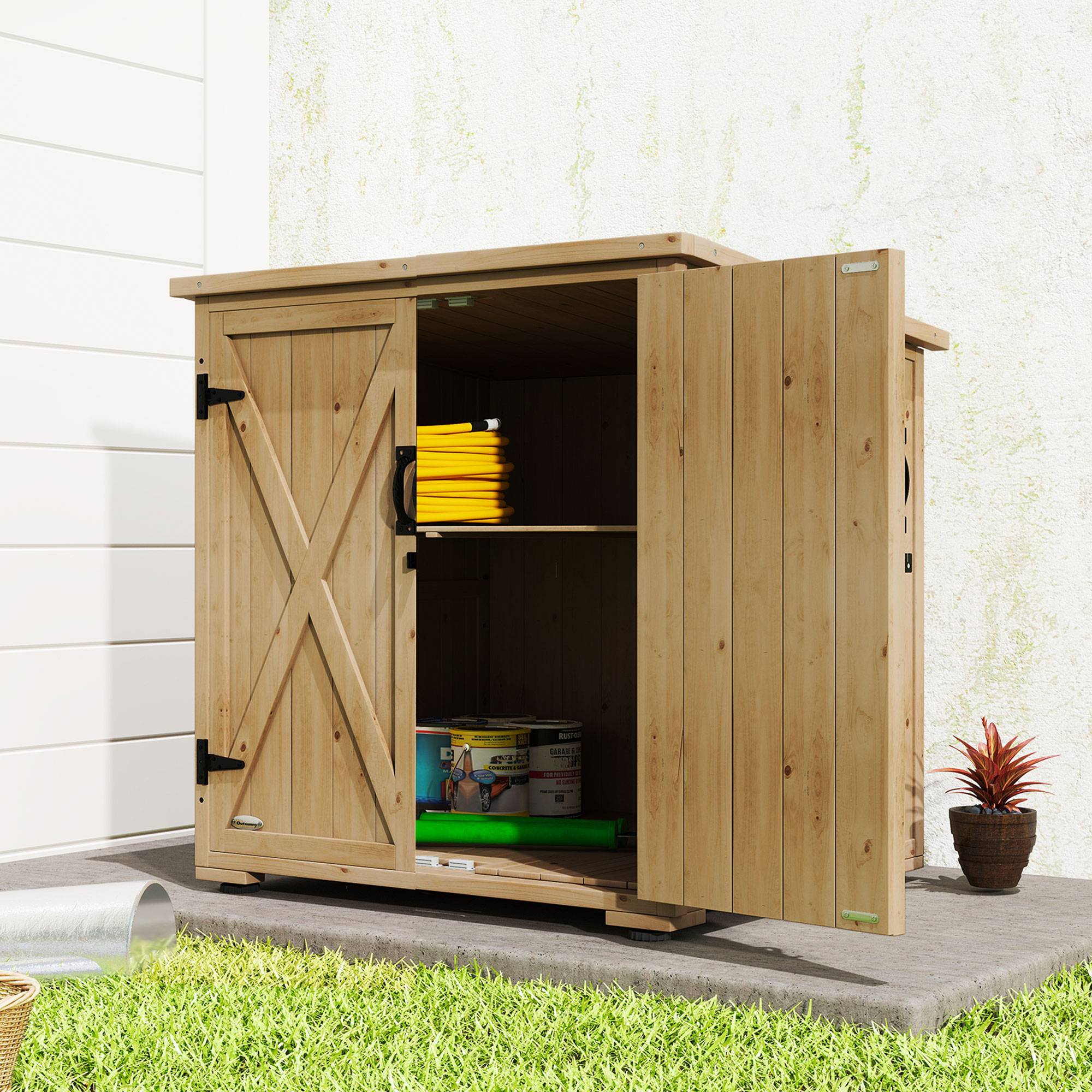 Outsunny - Armoire jardin 77,5L x 88P x 83/90H cm 2 portes étagères réglables toit bitumé étanche bois sapin pré-huilé - Outsunny - Image 8