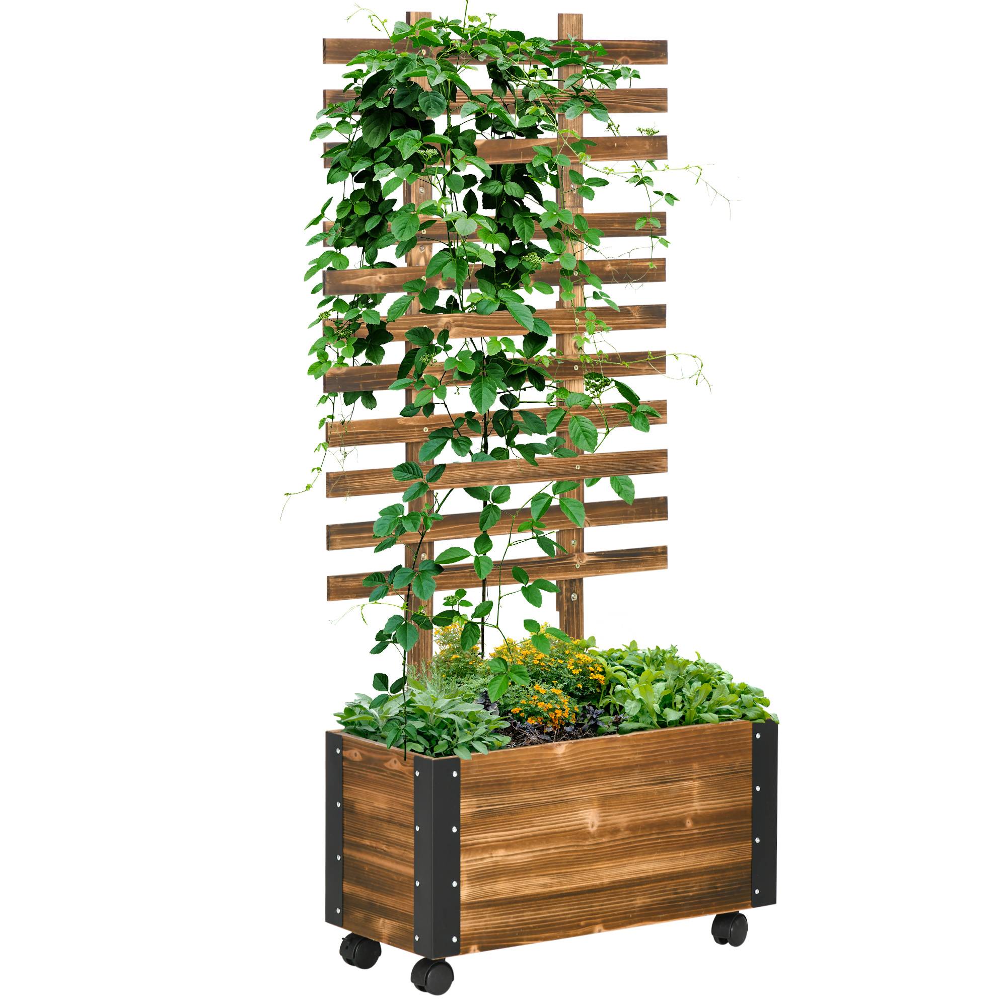 Sans Marque - Jardinière treillis bac fleurs film géotextile roulettes 65x31x147 cm bois sapin pré-huilé - Image 1