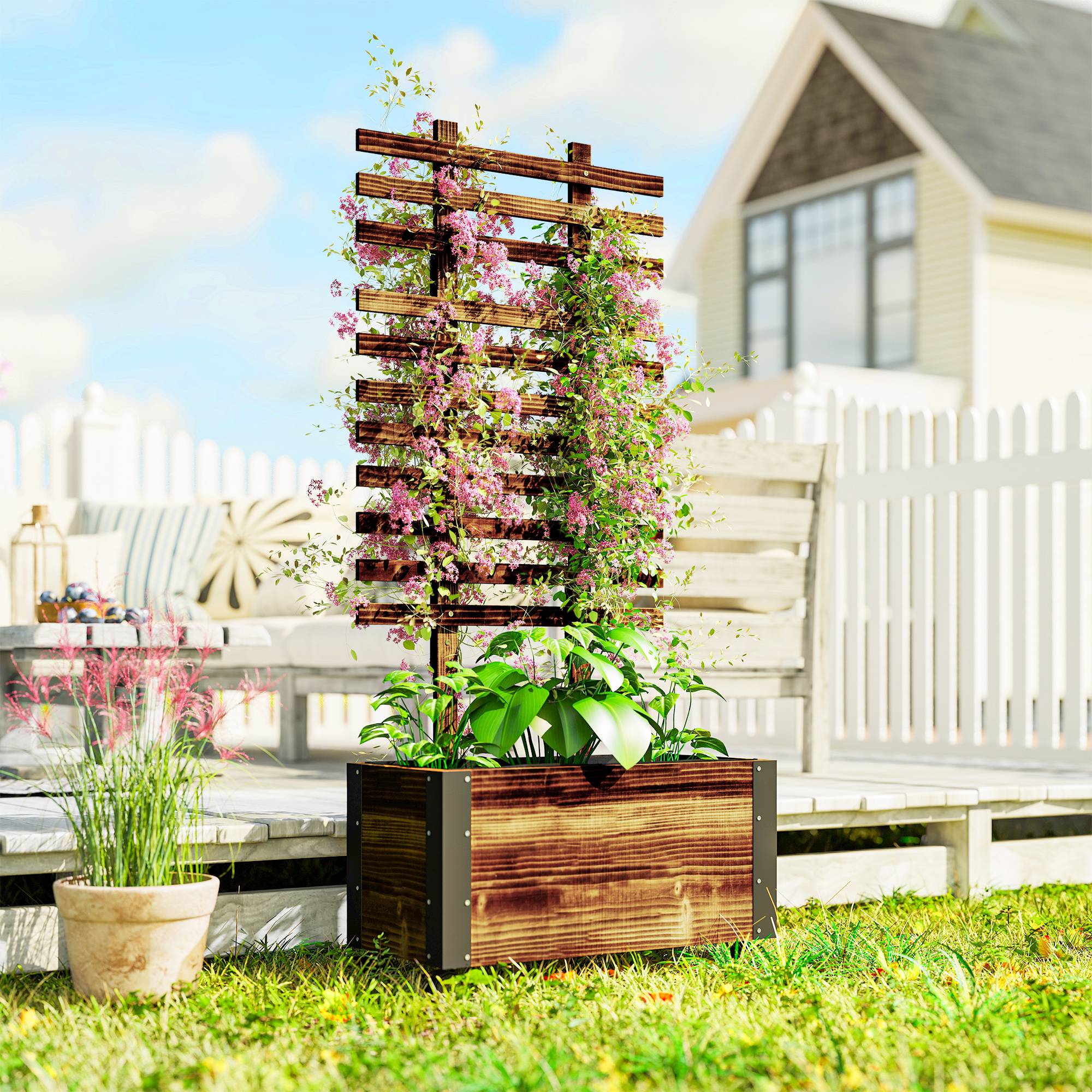 Sans Marque - Jardinière treillis bac fleurs film géotextile roulettes 65x31x147 cm bois sapin pré-huilé - Image 3
