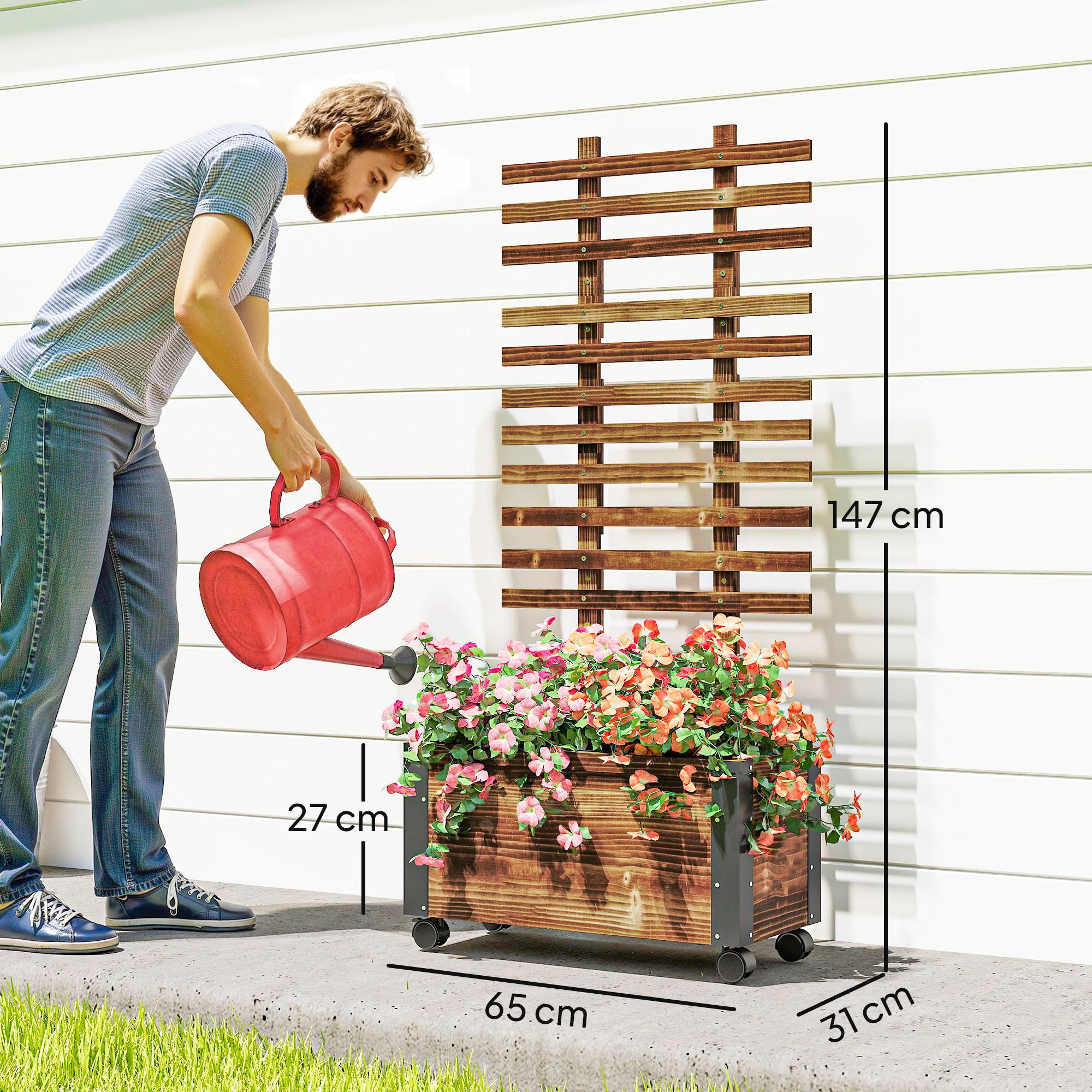 Sans Marque - Jardinière treillis bac fleurs film géotextile roulettes 65x31x147 cm bois sapin pré-huilé - Image 5