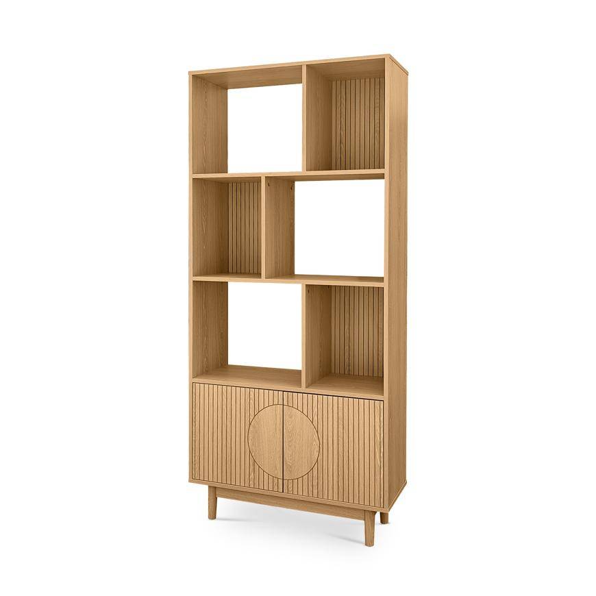 Sicaan Bibliothèque scandinave H.180cm, 2 portes et 6 niches finition chêne - LILA - Image 8