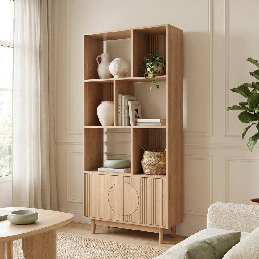 Sicaan Bibliothèque scandinave H.180cm, 2 portes et 6 niches finition chêne - LILA - Image 1