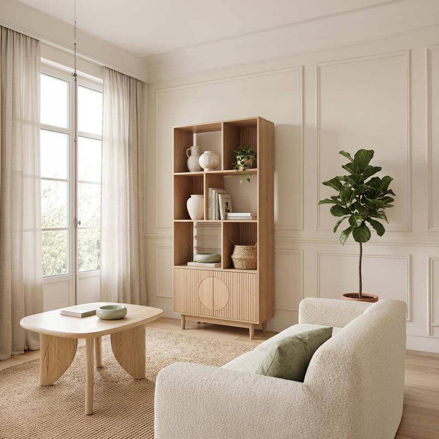 Sicaan Bibliothèque scandinave H.180cm, 2 portes et 6 niches finition chêne - LILA - Image 7