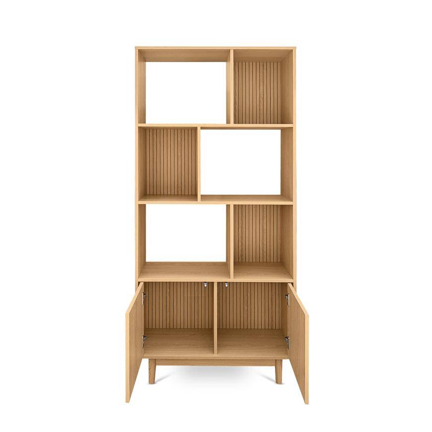 Sicaan Bibliothèque scandinave H.180cm, 2 portes et 6 niches finition chêne - LILA - Image 5