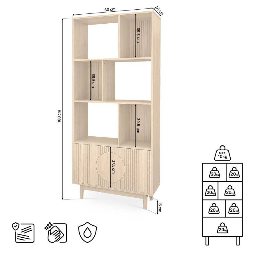 Sicaan Bibliothèque scandinave H.180cm, 2 portes et 6 niches finition chêne - LILA - Image 2