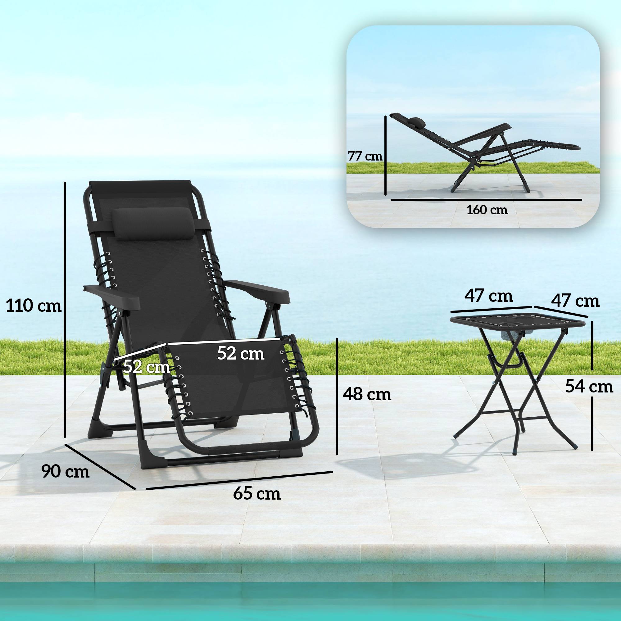 Lot de 2 chaise longue pliable et inclinable avec table d'appoint, porte-gobelets et appuie-têtes, charge 120 kg, noir - Image 5