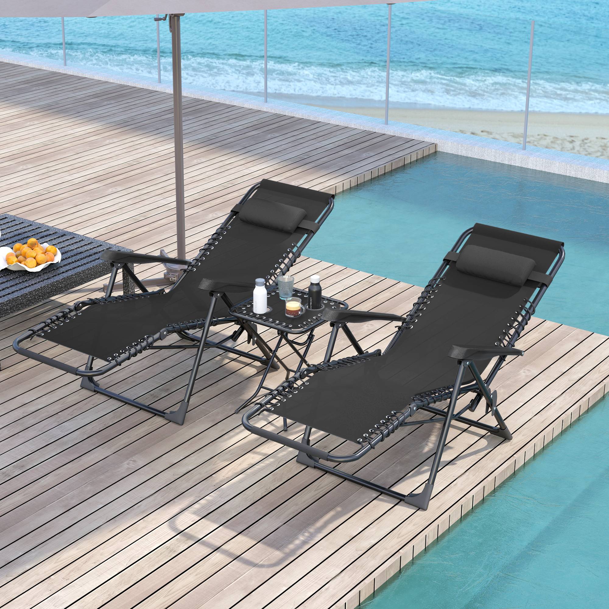 Lot de 2 chaise longue pliable et inclinable avec table d'appoint, porte-gobelets et appuie-têtes, charge 120 kg, noir - Image 3
