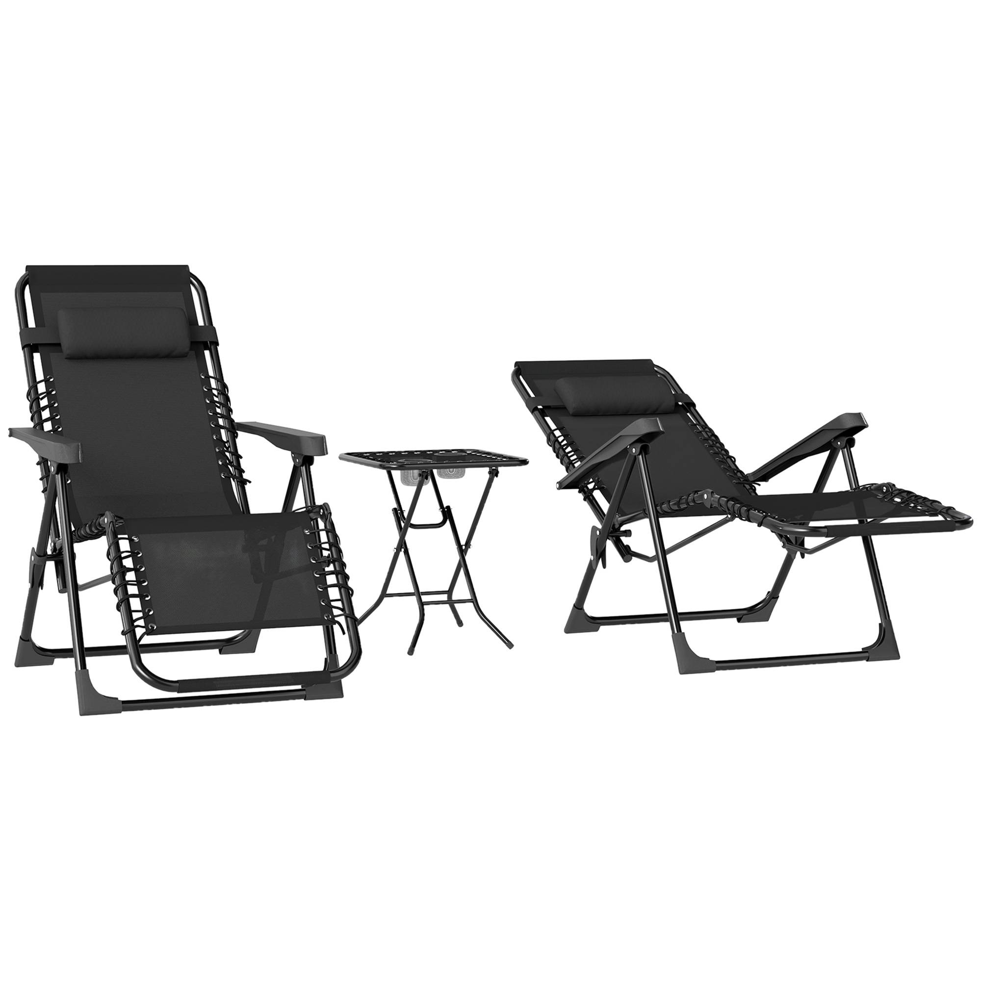 Lot de 2 chaise longue pliable et inclinable avec table d'appoint, porte-gobelets et appuie-têtes, charge 120 kg, noir - Image 2