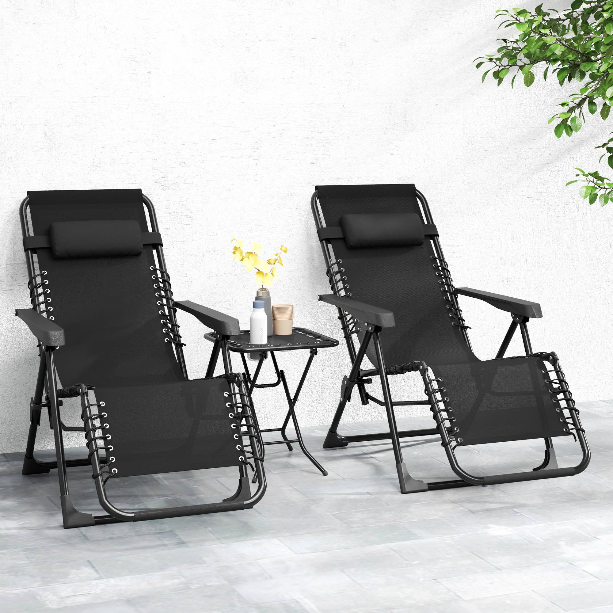 Lot de 2 chaise longue pliable et inclinable avec table d'appoint, porte-gobelets et appuie-têtes, charge 120 kg, noir - Image 4