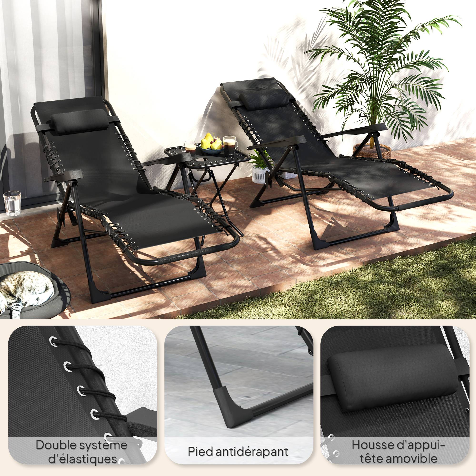 Lot de 2 chaise longue pliable et inclinable avec table d'appoint, porte-gobelets et appuie-têtes, charge 120 kg, noir - Image 10