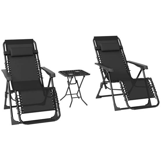 Lot de 2 chaise longue pliable et inclinable avec table d'appoint, porte-gobelets et appuie-têtes, charge 120 kg, noir - Image 1
