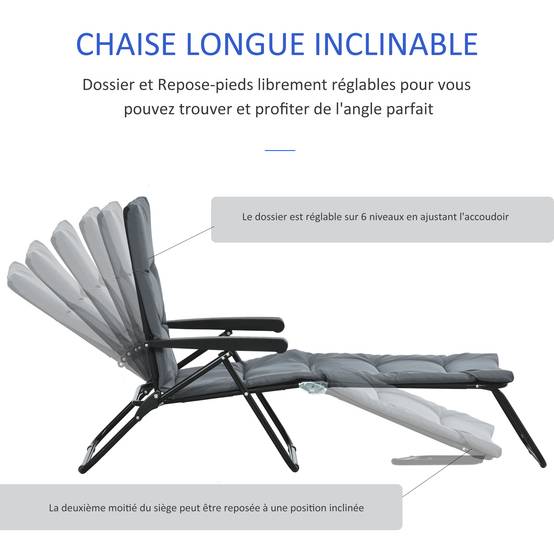 Transat bain de soleil pliable acier terrasse jardin 6 positions matelas inclus gris - ComfortXL Outdoor Living - Image 6