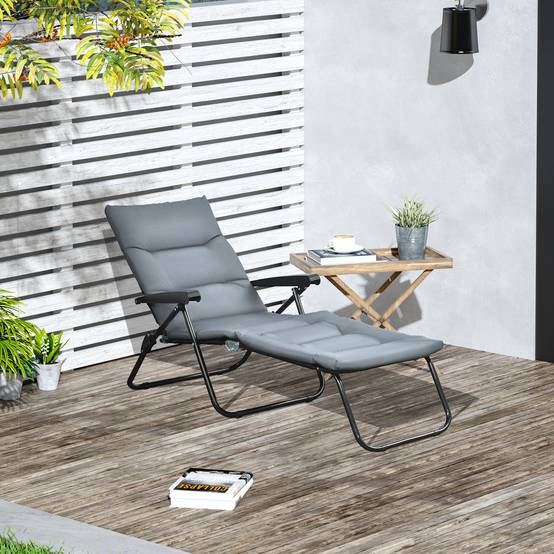 Transat bain de soleil pliable acier terrasse jardin 6 positions matelas inclus gris - ComfortXL Outdoor Living - Image 4