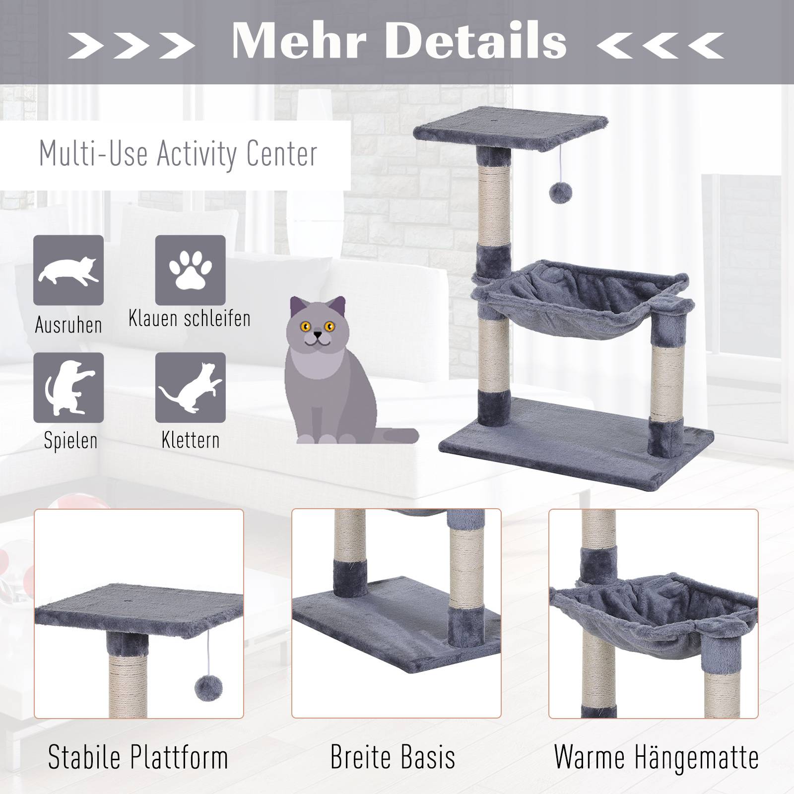 Arbre à chat compact sisal peluche avec hamac repos intérieur 50x36x70 cm gris - ComfortXL Outdoor Living - Image 7